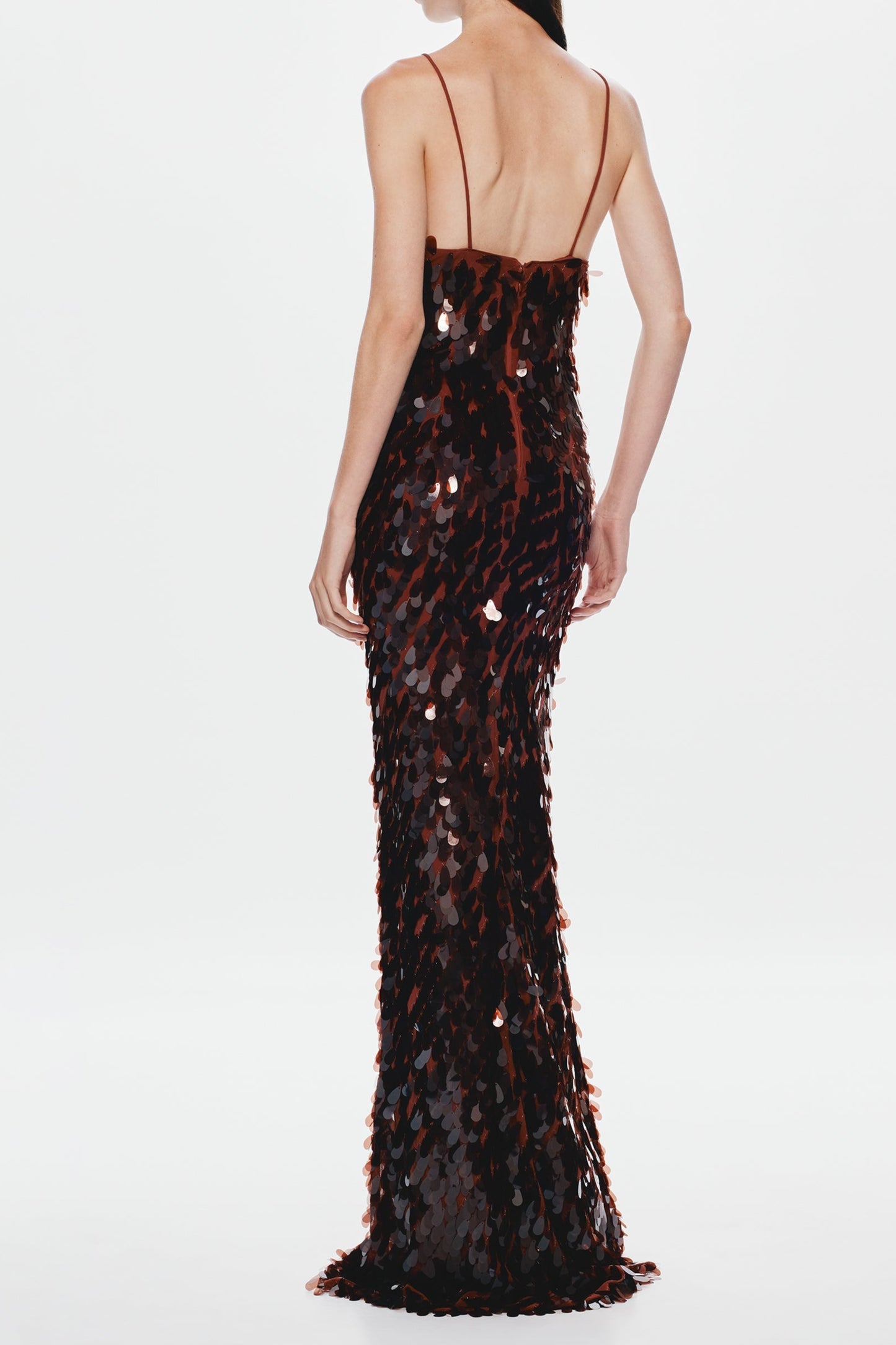 katherine halter deep v-neck sequin backless maxi dress in dark brown