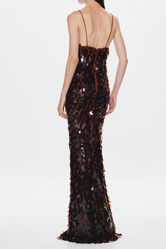 katherine halter deep v-neck sequin backless maxi dress in dark brown