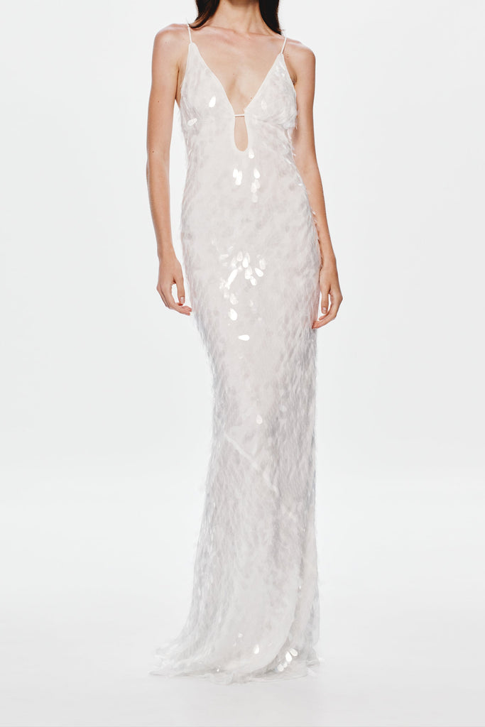 katherine halter deep v-neck sequin backless maxi dress in Ivory - Stylish beautiful dress for special occasions | Buy Online