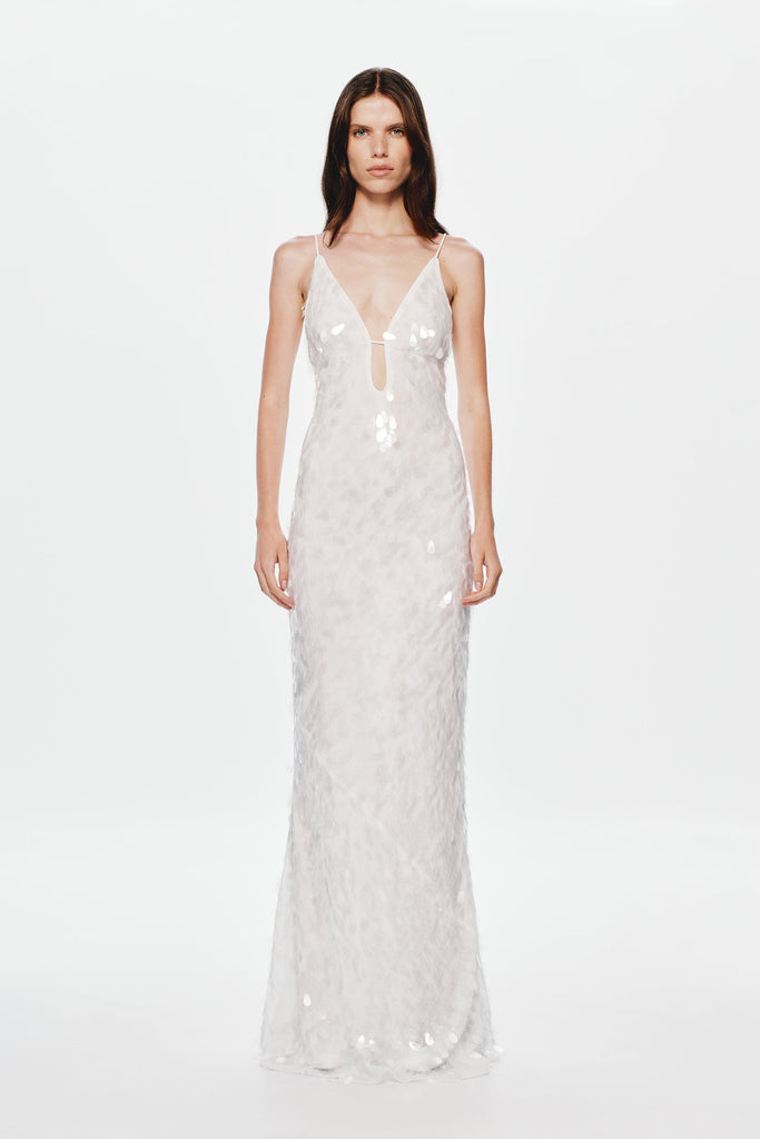 katherine halter deep v-neck sequin backless maxi dress in Ivory - Stylish beautiful dress for special occasions | Buy Online