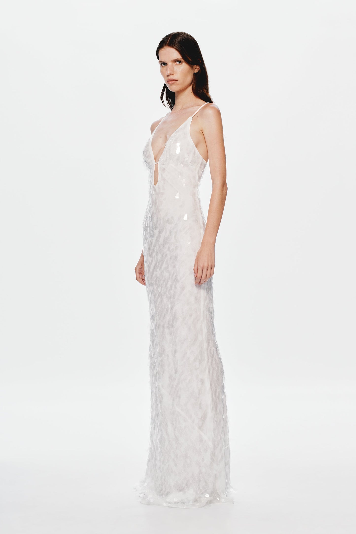 katherine halter deep v-neck sequin backless maxi dress in Ivory