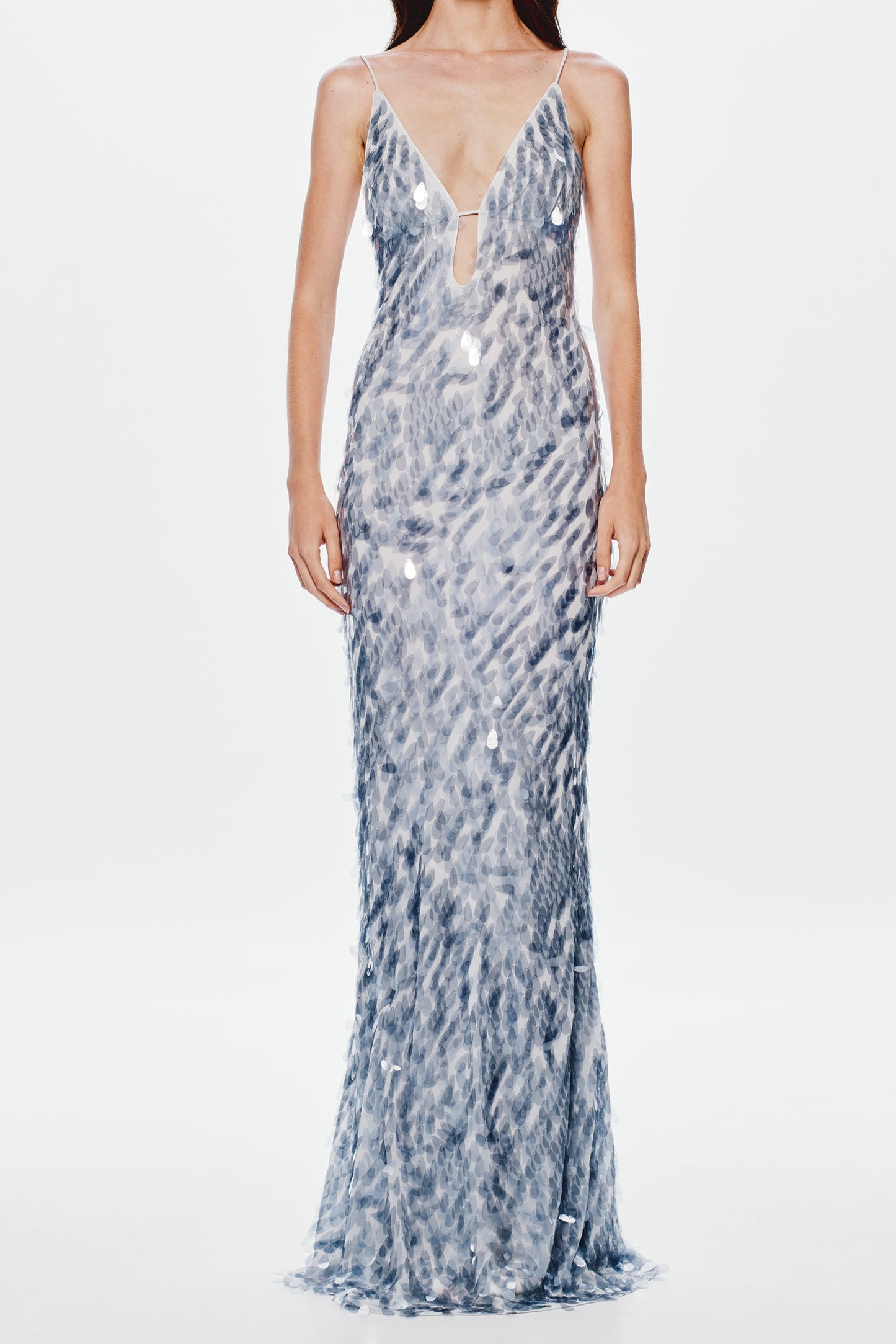 katherine halter deep v-neck sequin backless maxi dress in Dove Grey
