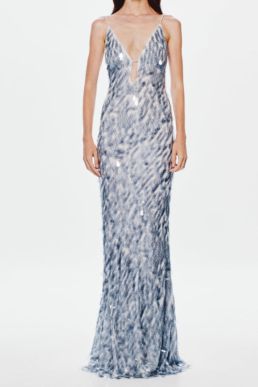 katherine halter deep v-neck sequin backless maxi dress in Dove Grey