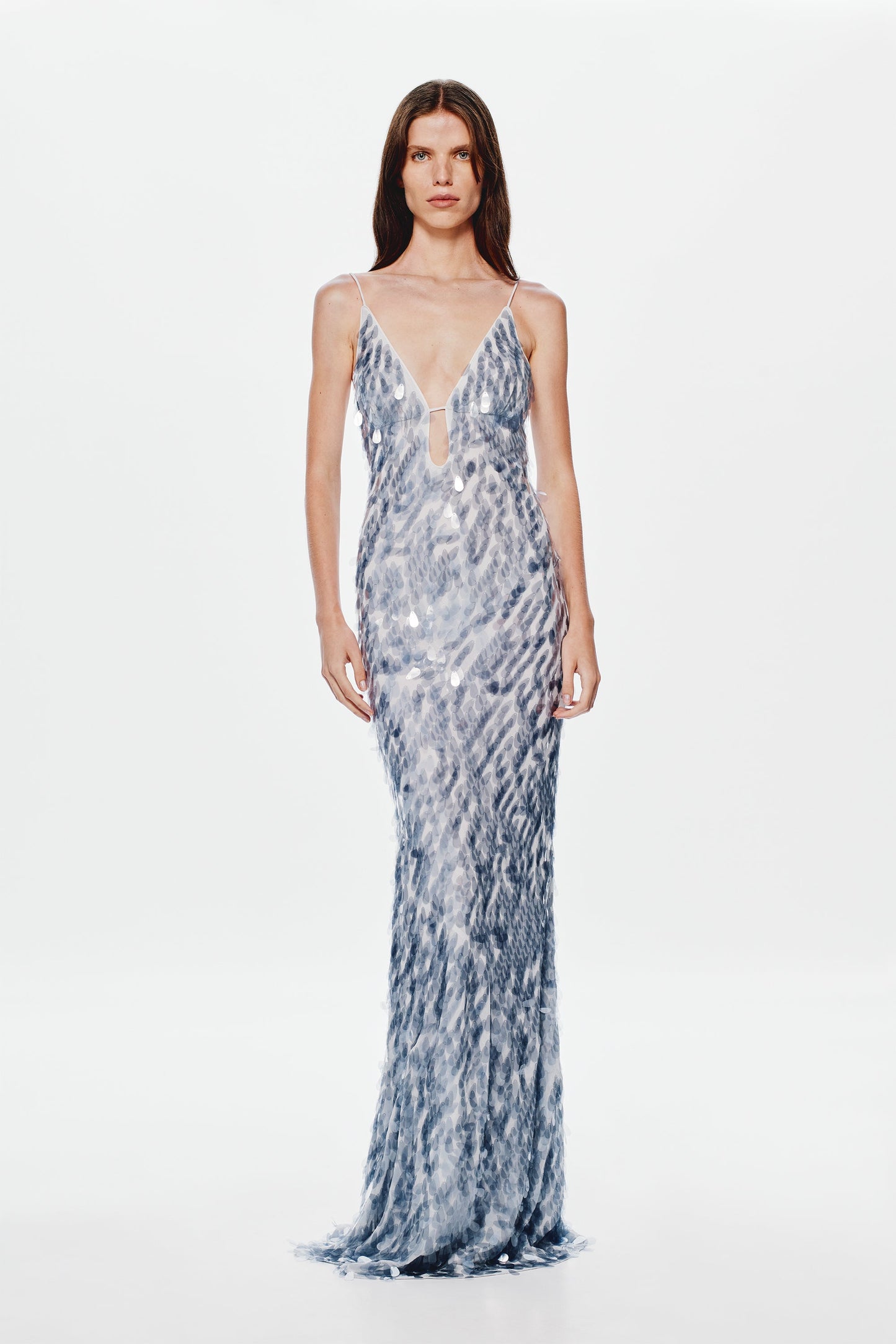 katherine halter deep v-neck sequin backless maxi dress in Dove Grey