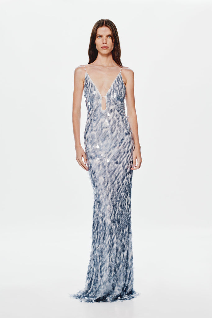Shop  beautiful dress - Perfect for special occasions | katherine halter deep v-neck sequin backless maxi dress in Dove Grey