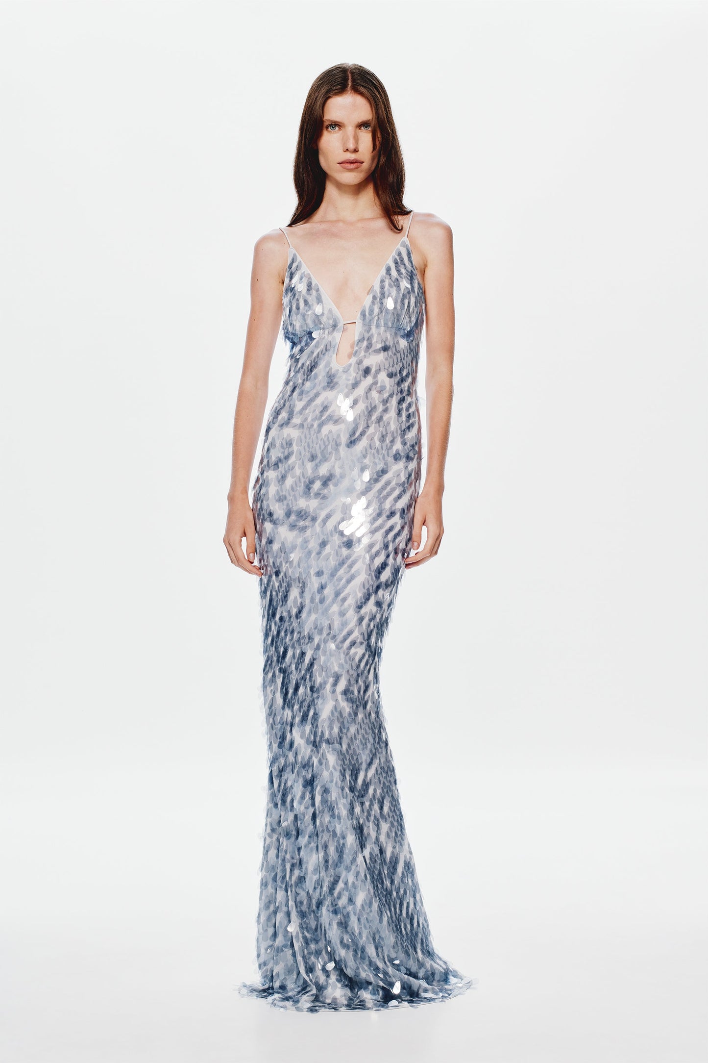 katherine halter deep v-neck sequin backless maxi dress in Dove Grey