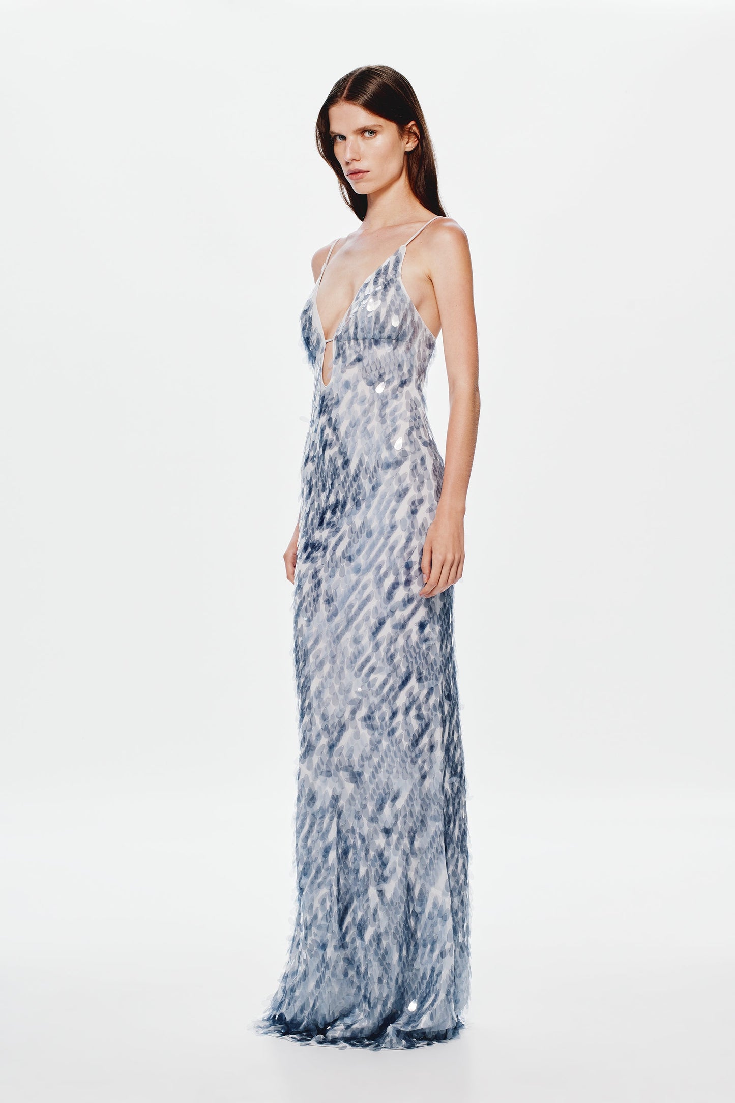 katherine halter deep v-neck sequin backless maxi dress in Dove Grey