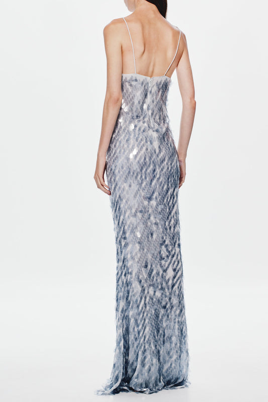 katherine halter deep v-neck sequin backless maxi dress in Dove Grey
