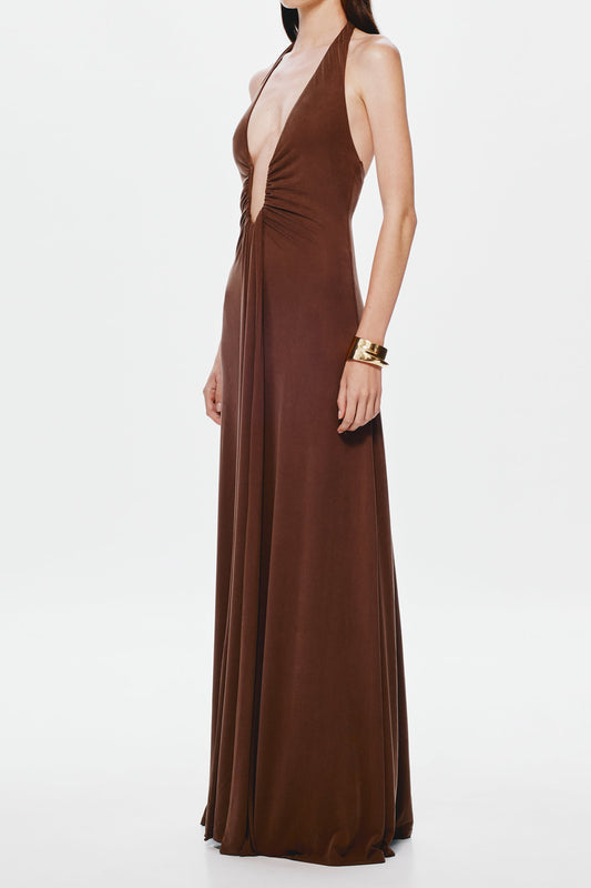 lauren halter deep v-neck pleated backless maxi dress in brown