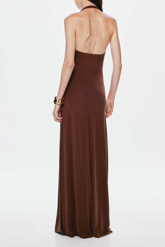lauren halter deep v-neck pleated backless maxi dress in brown