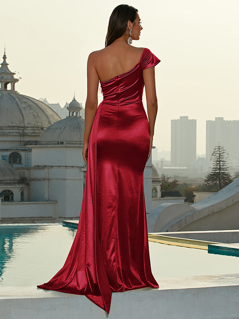 Ruched One Shoulder Draped Satin Dress - Stylish beautiful dress for special occasions | Buy Online