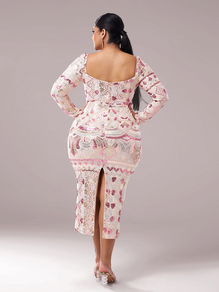 Square Neck Long Sleeve Split Sequin Dress - Stylish beautiful dress for special occasions | Buy Online