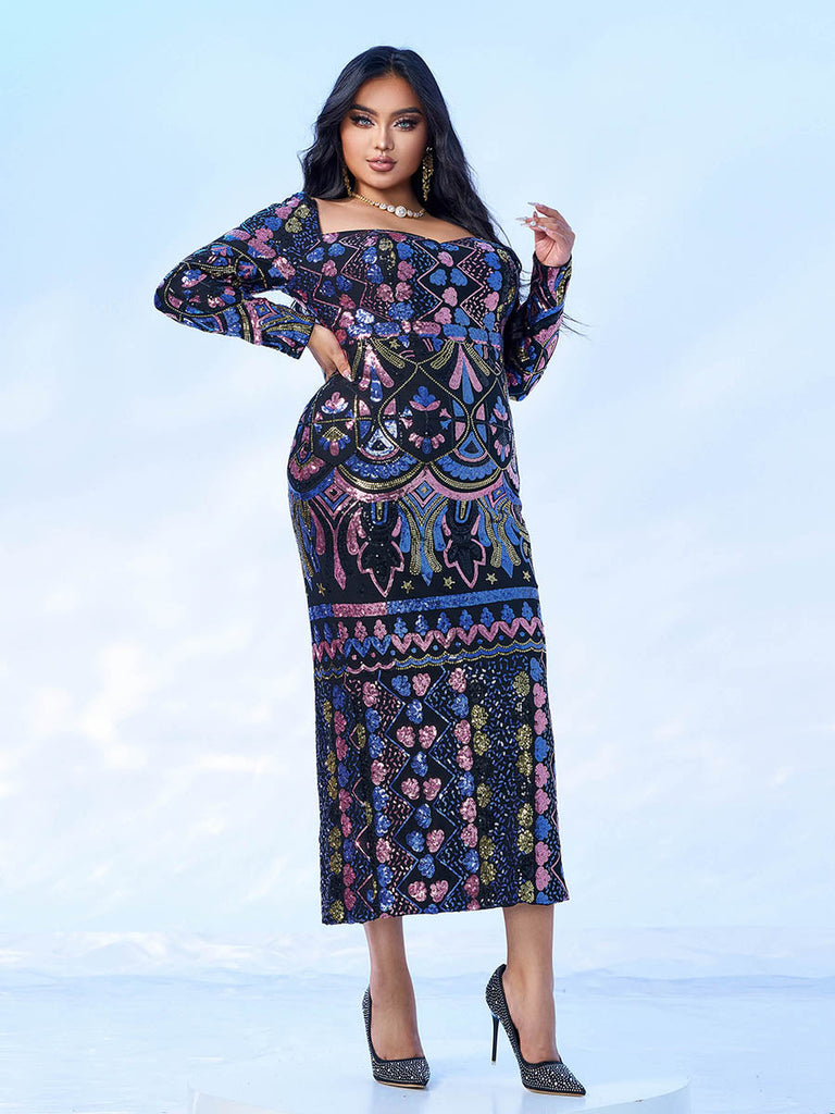 Shop  beautiful dress - Perfect for special occasions | Square Neck Long Sleeve Split Sequin Dress