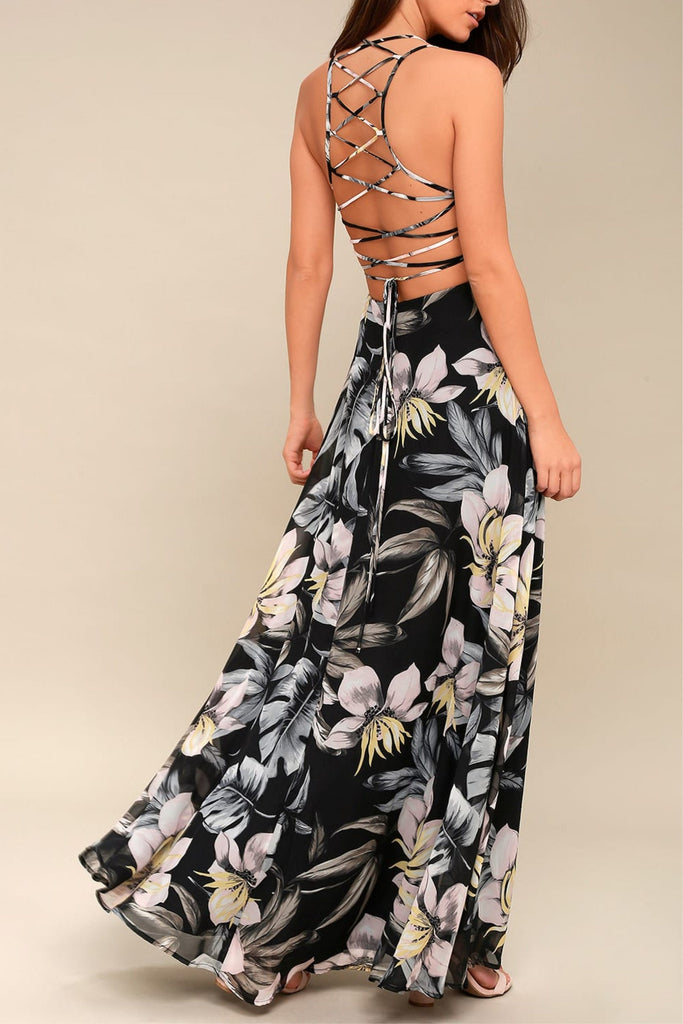 Black Floral Print Lace-Up Maxi Dress - Stylish black dress for special occasions | Buy Online