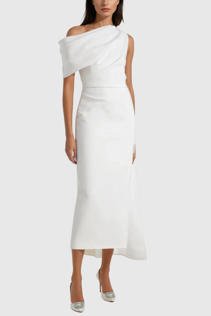 Stylish white dress | Candidus Shawl Ruch Asymmetric Midi Dress In White - Ideal for special occasions
