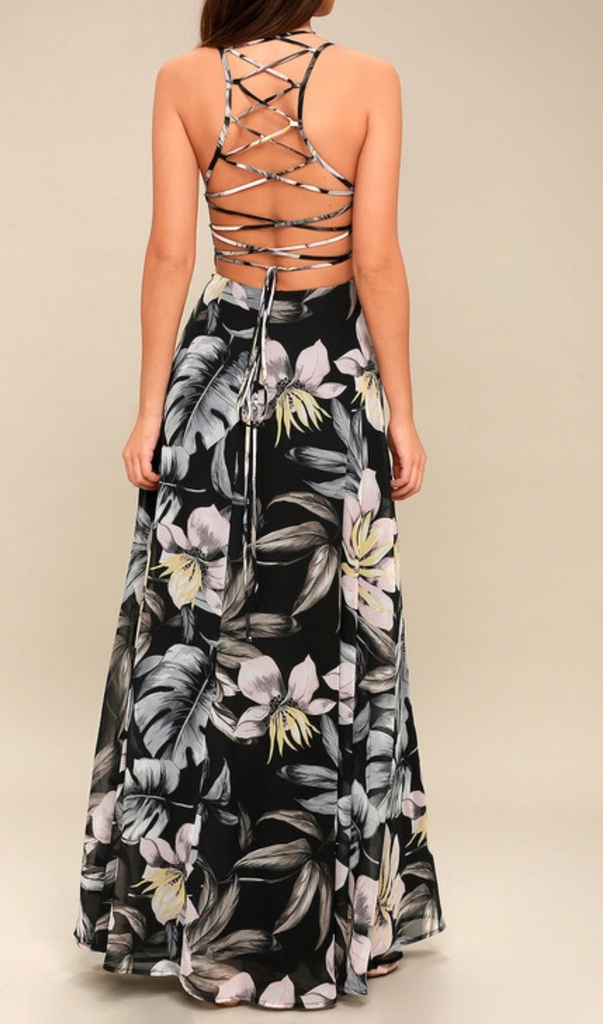 Black Floral Print Lace-Up Maxi Dress - Stylish black dress for special occasions | Buy Online