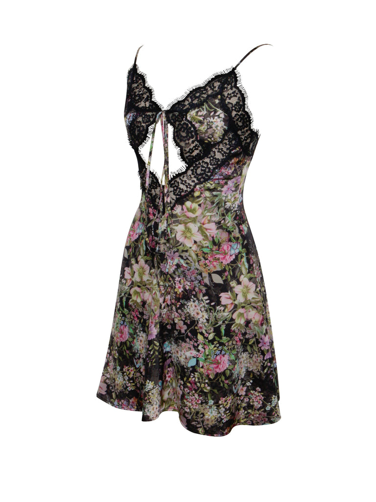 FLORAL PRINT SATIN MINI DRESS WITH LACE TRIM - Stylish beautiful dress for special occasions | Buy Online