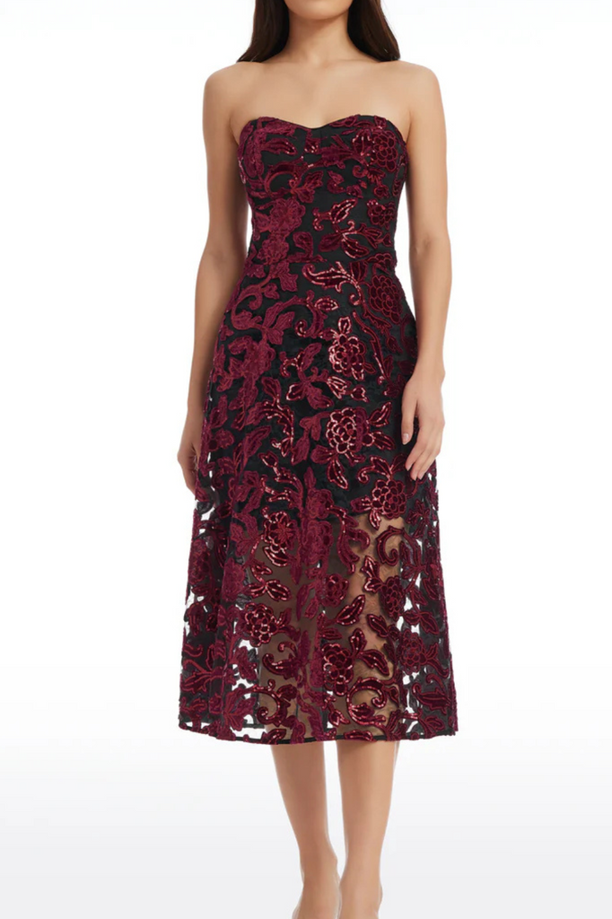 Stylish beautiful dress | floral print strapless bustier midi dress in burgundy - Ideal for special occasions