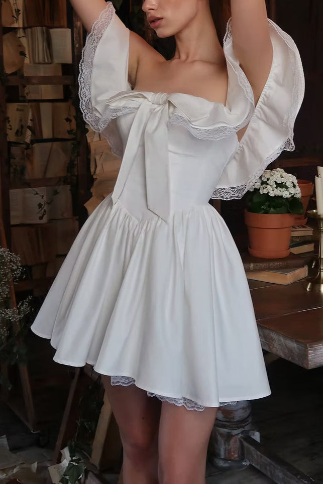 sharon Off-shoulder bow lace mini dress in white