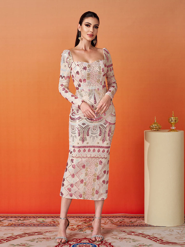 Stylish beautiful dress | Square Neck Long Sleeve Split Sequin Dress - Ideal for special occasions