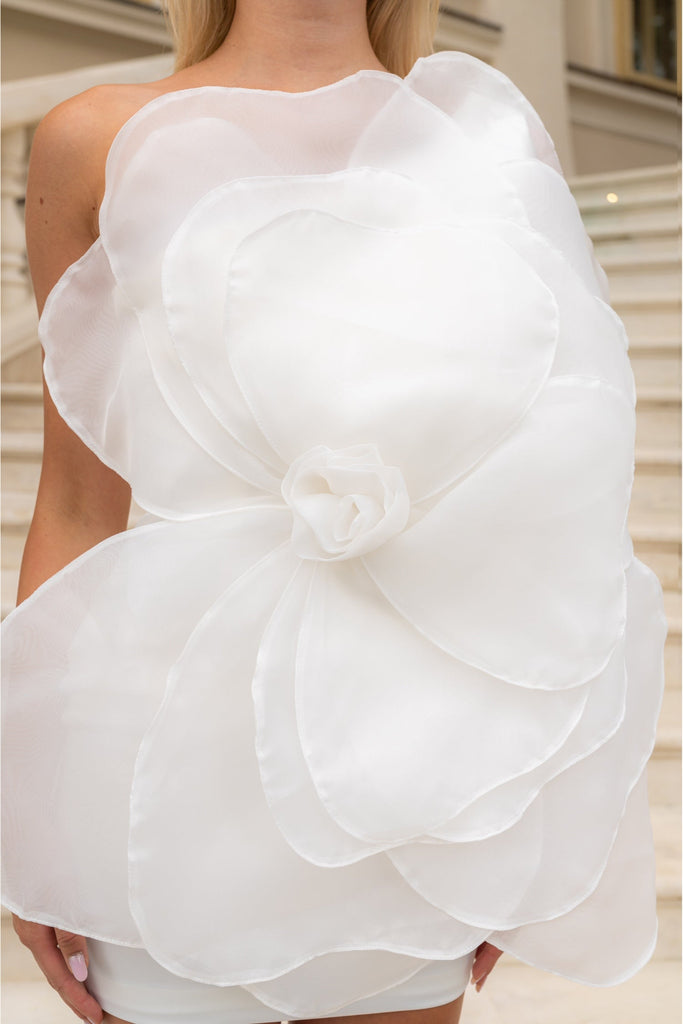 Stylish white dress | bonnie 3D Voluminous Organza Floral Mini Dress - White - Ideal for special occasions