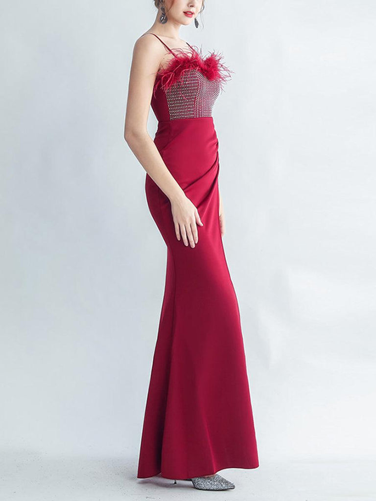 Feather Spaghetti Rhinestone Formal Dress - Formal beautiful dress for formal | Buy Online