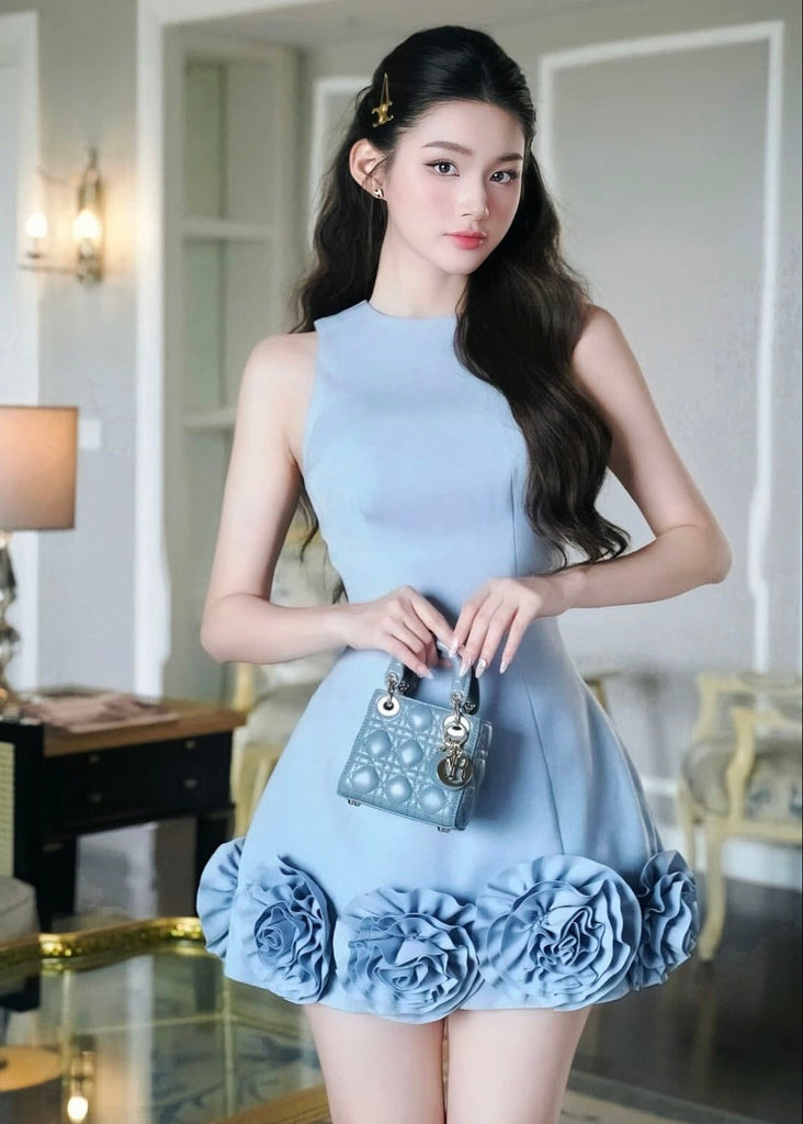 Azure 3D Flower Mini Dress In Blue - Stylish blue dress for special occasions | Buy Online