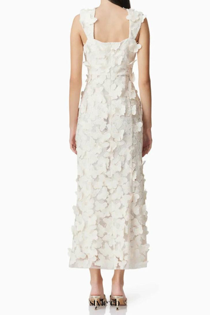 square neckline 3D flower embroidery Gown in White - Stylish white gown for special occasions | Buy Online