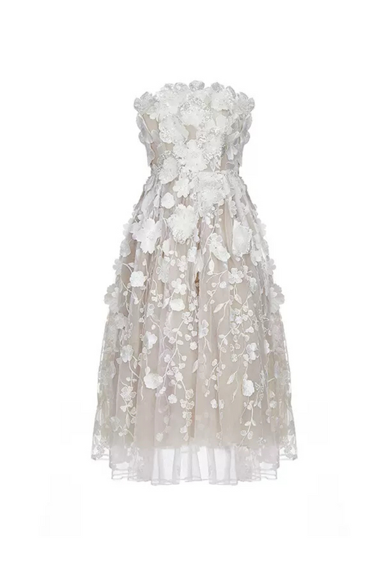 rachel crystal floral embroidery midi dress in white
