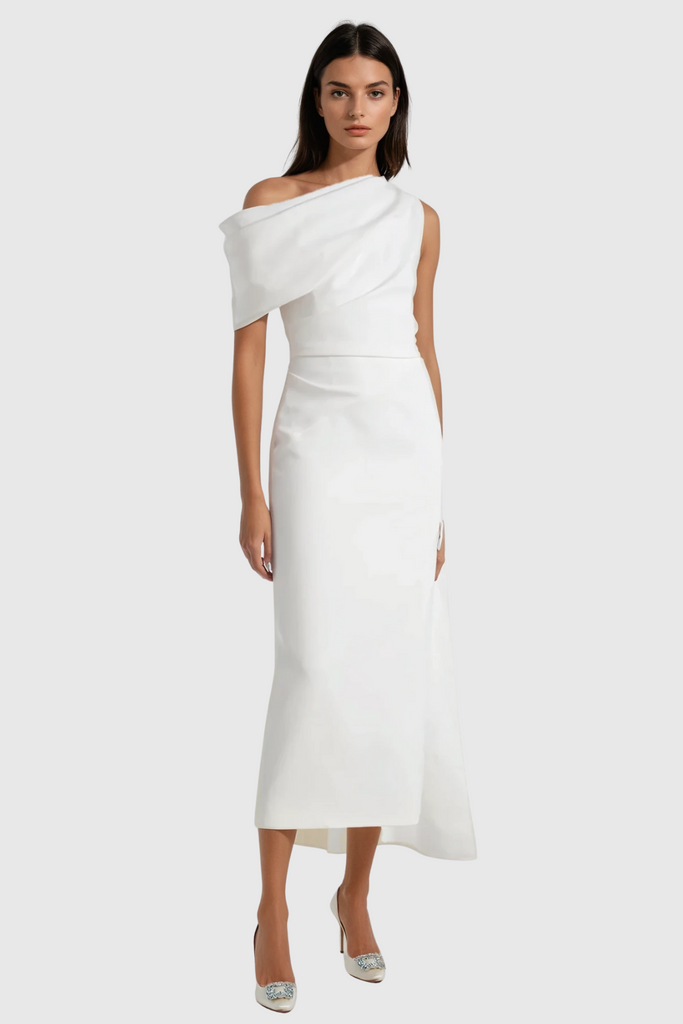 Shop  white dress - Perfect for special occasions | Candidus Shawl Ruch Asymmetric Midi Dress In White