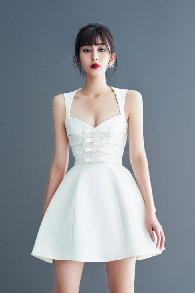 Stylish white dress | salome BOW SATIN MINI DRESS IN WHITE - Ideal for special occasions
