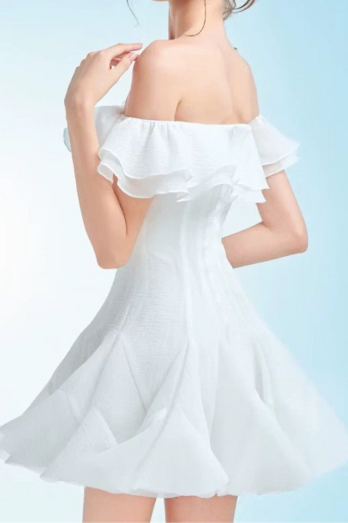 stephanie off-shoulder ruffle trim mini dress in white - Stylish white dress for special occasions | Buy Online