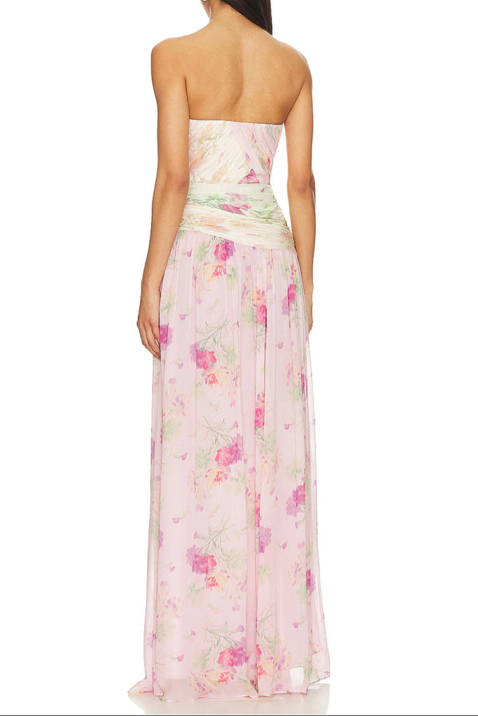 Shop  beautiful dress - Perfect for special occasions | PINTIL STRAPLESS PLEATED FLORAL MAXI DRESS IN MULTI