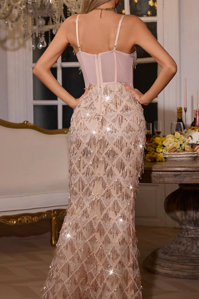 Stylish beautiful dress | Carol Sequin Fringe Maxi Dress In Apricot - Ideal for special occasions