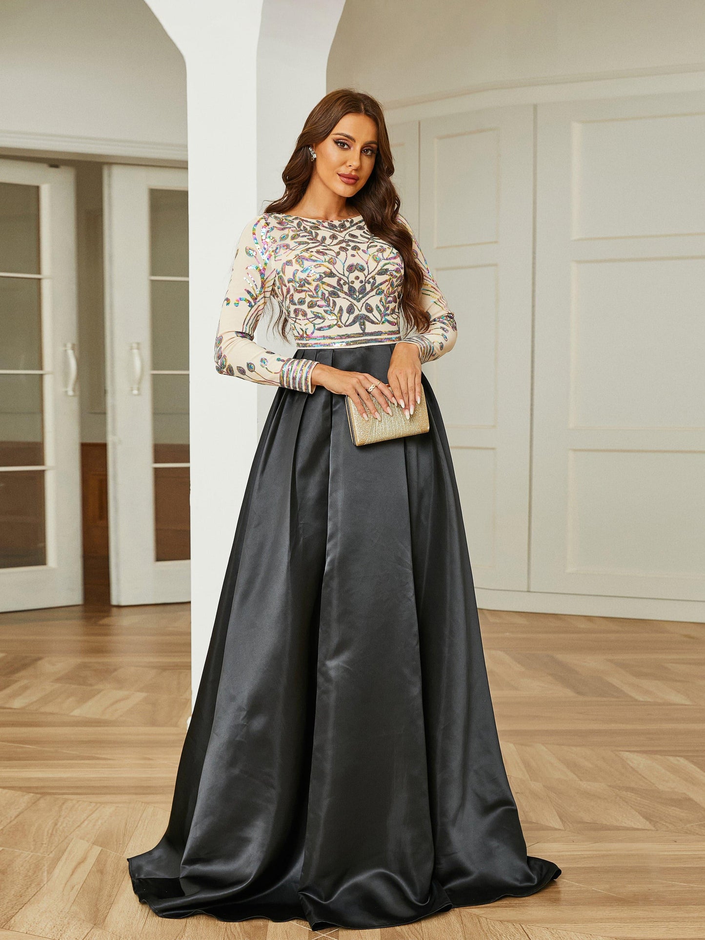 Formal A-Line Satin Panel Black Ball Gown