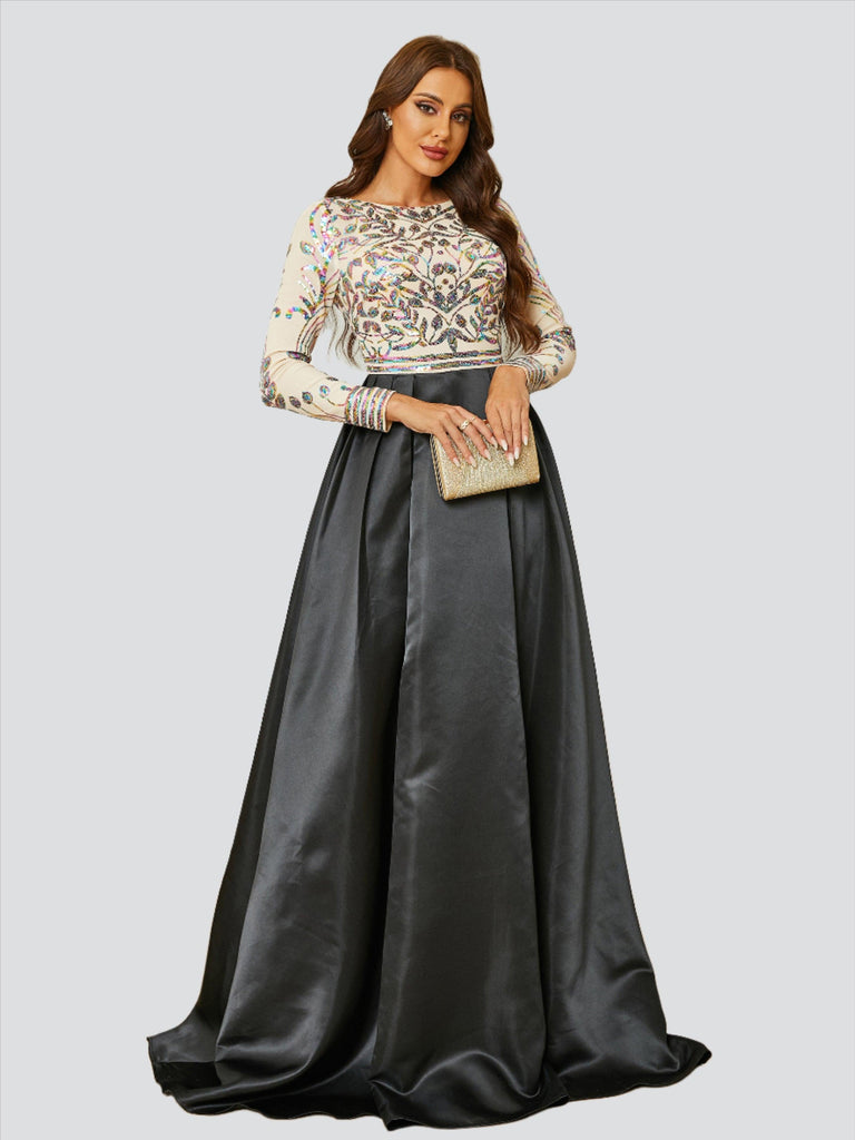 Formal A-Line Satin Panel Black Ball Gown - Formal black gown for formal | Buy Online