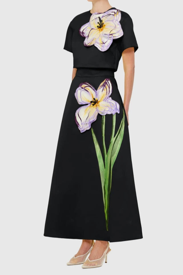 Stylish black dress | Indie Appliqué Sleeve Iris Print set in black - Ideal for special occasions