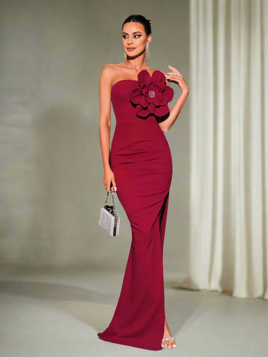 Strapless Appliqued Split Wedding Guest Dress