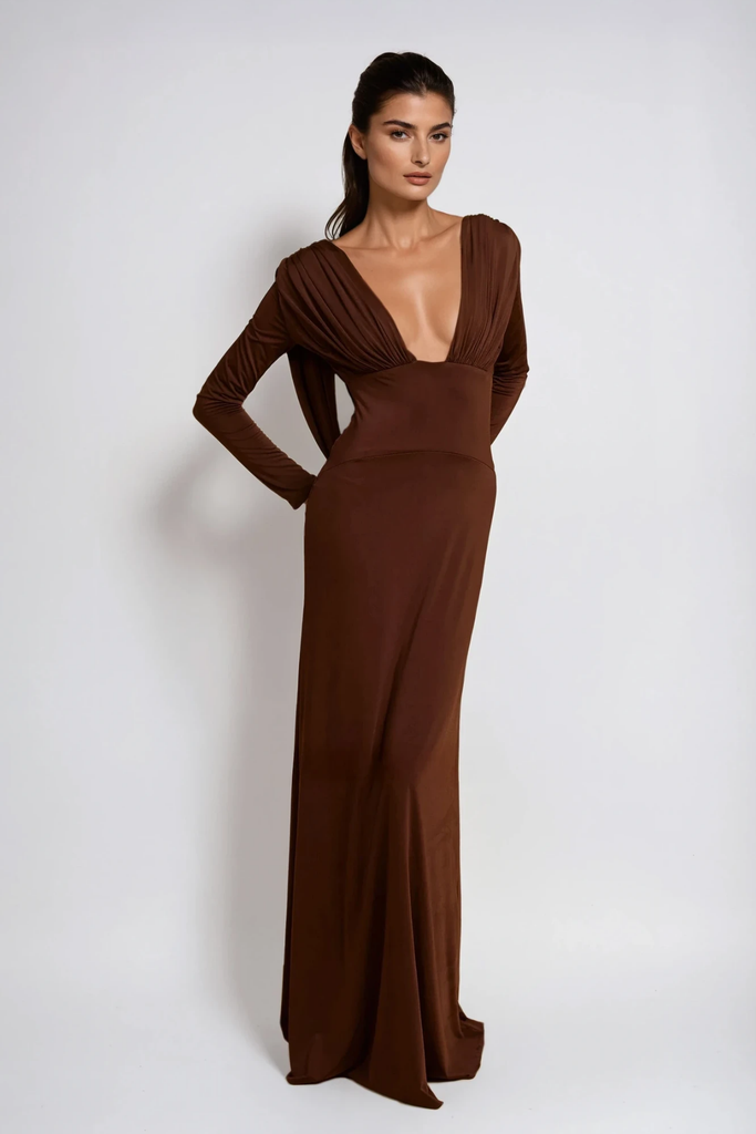 Daveth Plunge Backless Ruch Maxi Dress - Stylish beautiful dress for special occasions | Buy Online