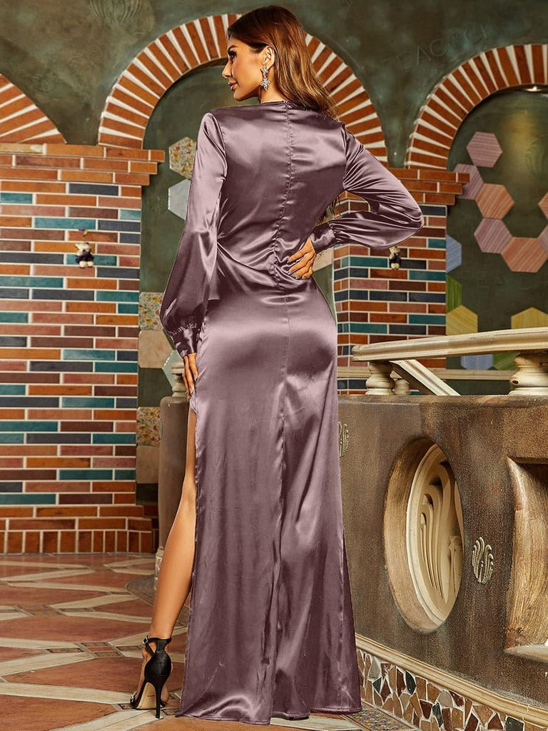 Surplice Neck Split Satin Prom Dress - Stylish beautiful dress for special occasions | Buy Online