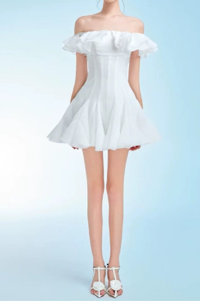 Stylish white dress | stephanie off-shoulder ruffle trim mini dress in white - Ideal for special occasions