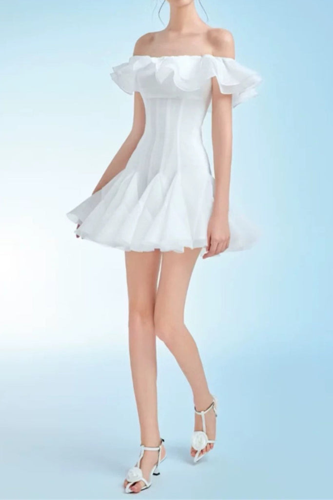 Shop  white dress - Perfect for special occasions | stephanie off-shoulder ruffle trim mini dress in white