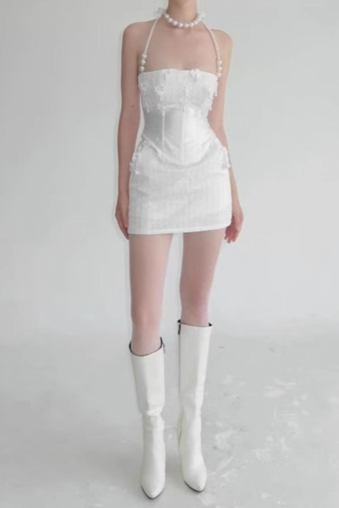 Shop  white dress - Perfect for special occasions | pearl fishbone wrap top skirt set in white