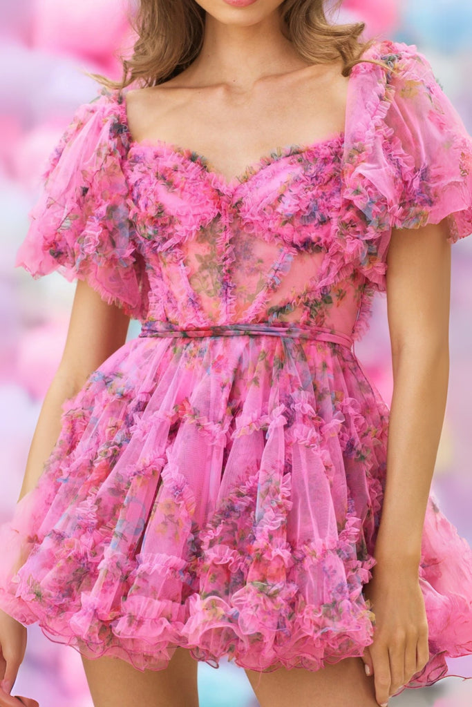 Shop  pink dress - Perfect for special occasions | Tulle floral print balloon sleeve mini dress in pink