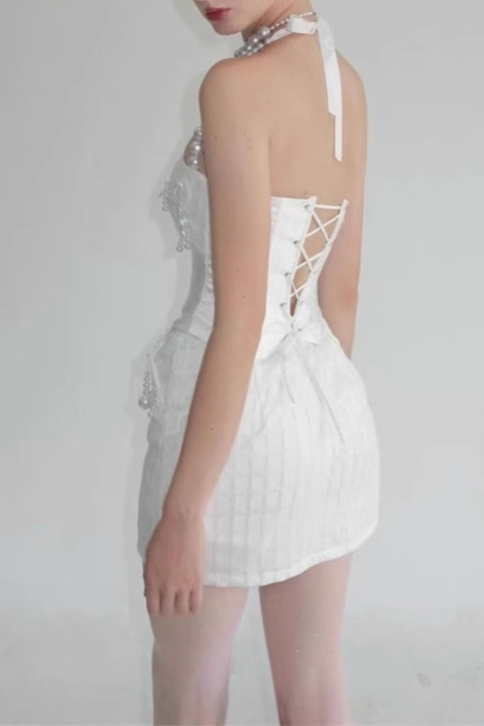 pearl fishbone wrap top skirt set in white - Stylish white dress for special occasions | Buy Online