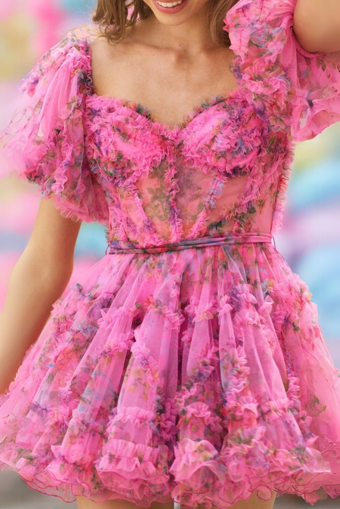 Tulle floral print balloon sleeve mini dress in pink - Stylish pink dress for special occasions | Buy Online