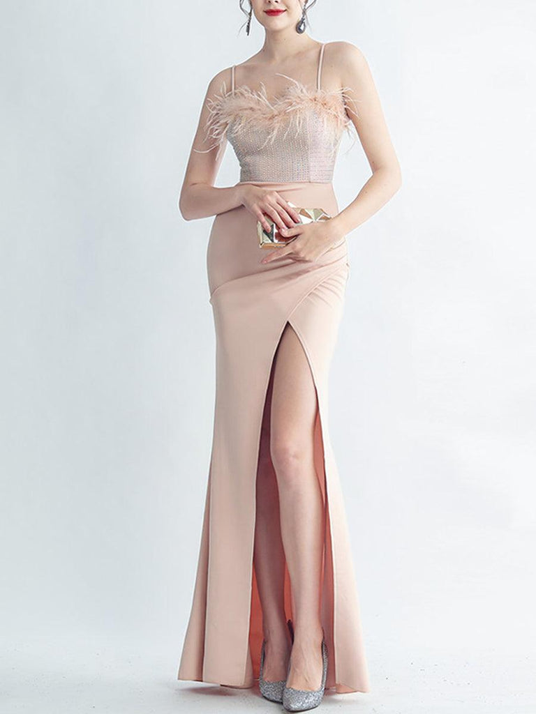 Formal beautiful dress | Feather Spaghetti Rhinestone Formal Dress - Ideal for formal