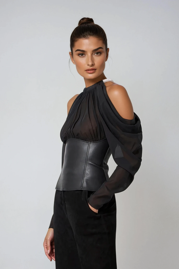Davey Mesh Cutout Leather Top - Stylish beautiful dress for special occasions | Buy Online