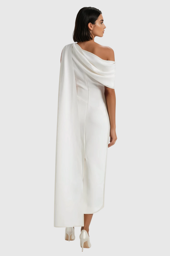 Shop  white dress - Perfect for special occasions | Candidus Shawl Ruch Asymmetric Midi Dress In White