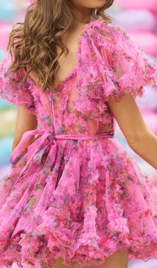 Shop  pink dress - Perfect for special occasions | Tulle floral print balloon sleeve mini dress in pink